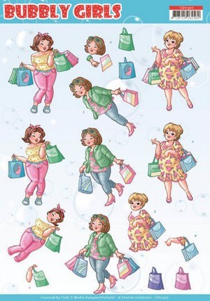 Damer på indkøb, tasker, Bubbly girls, 3d-ark, udstanset.